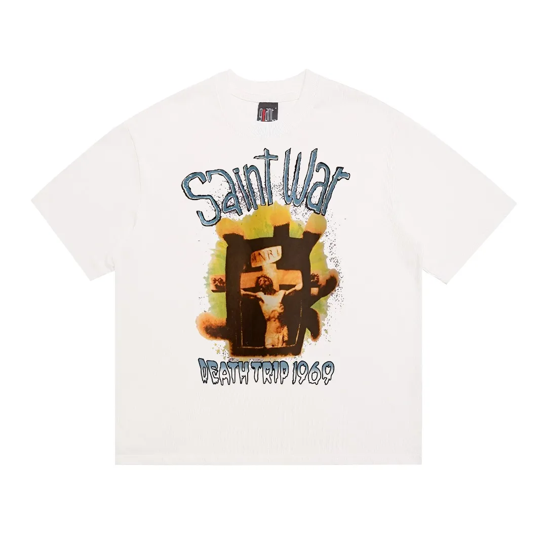 Saint Michael cross male god VTG American print retro Vintage loose short-sleeved T-shirt with digital white ink direct printing. The fabric is breathable and the pattern is three-dimensional and clear. Fabric: Double yarn 240g Style number: S911 Size: S-M-L-XL Color: White Price: P110